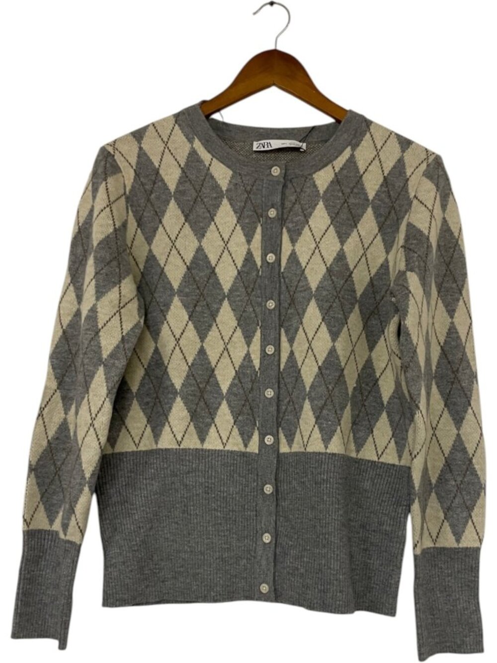 Zara Womens Wool Blend Sweater Cardigan Sz L Gray Beige Argyle 2756/116 NWT